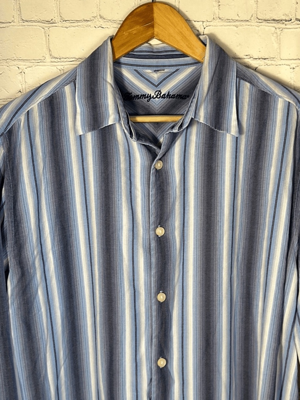 Tommy Bahama Blue and White Vertical Stripe Button-Down Shirt